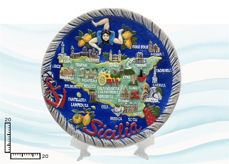 PIATTO CERAMICA RILIEVO CORDA CM20 CARTINA SICILIA