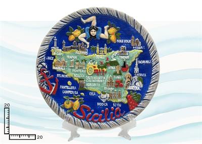 PIATTO CERAMICA RILIEVO CORDA CM20 CARTINA SICILIA