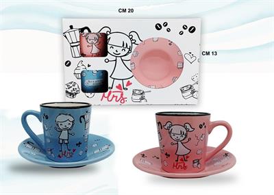 COPPIA TAZZINE CERAMICA C/PIATTO C/SCATOLINA LUI&LEI
