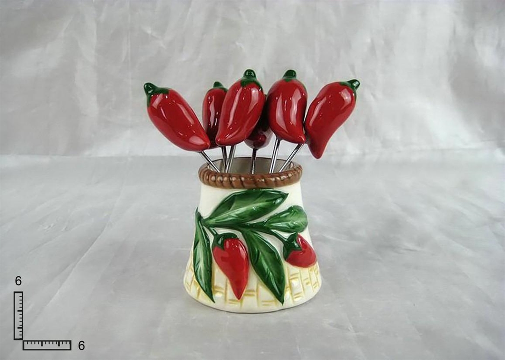 PORTA STUZZICADENTI C/FORCHETTINE CER. BIANCA F.PEPERONCINO