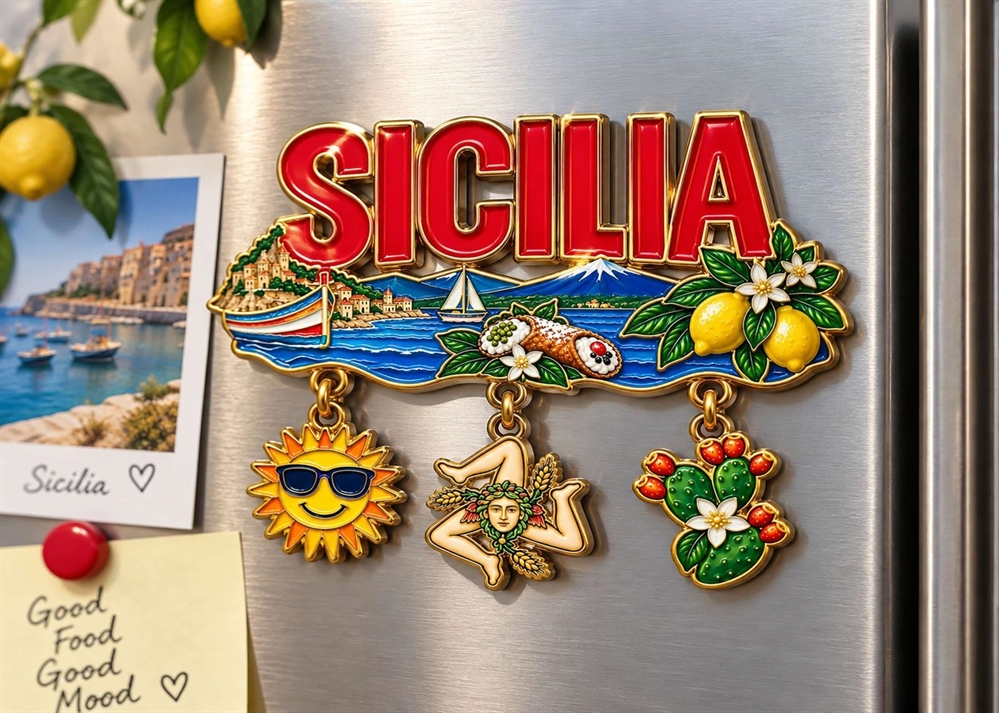 MAGNETE METALLO SCRITTA SICILIA C/PENDENTI