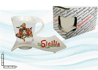 TAZZINA CAFFE' C/PIATTINO ONDA CERAMICA SICILIA TRINACRIA